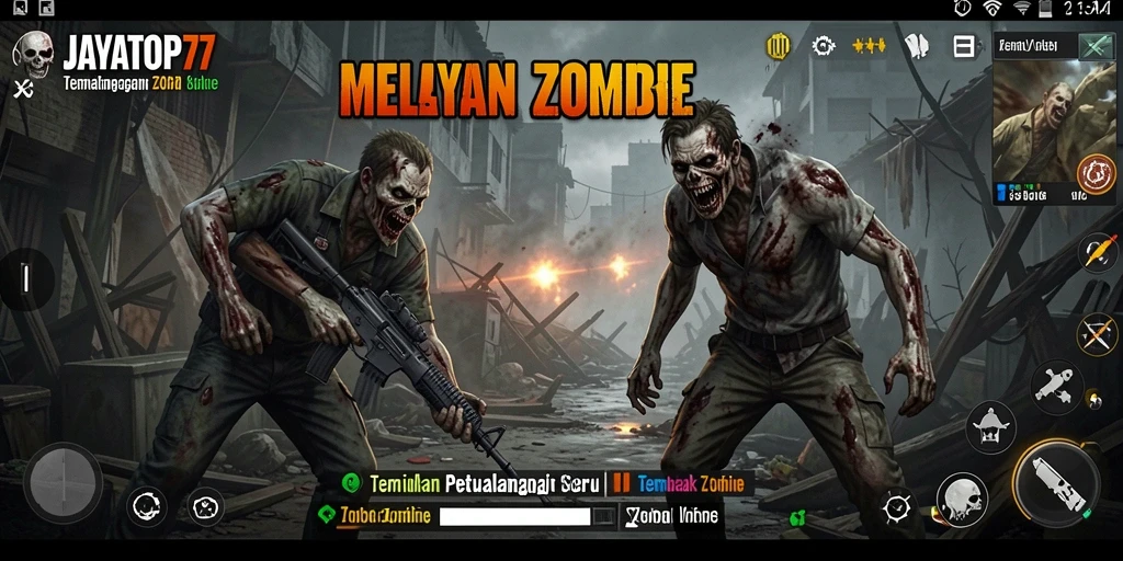 Antarmuka permainan menunjukkan karakter menembak zombie dengan intens.